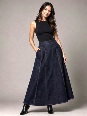 ODELIAH Elegant long Denim Black A-Line maxi Skirt with a subtle glitter shimmer